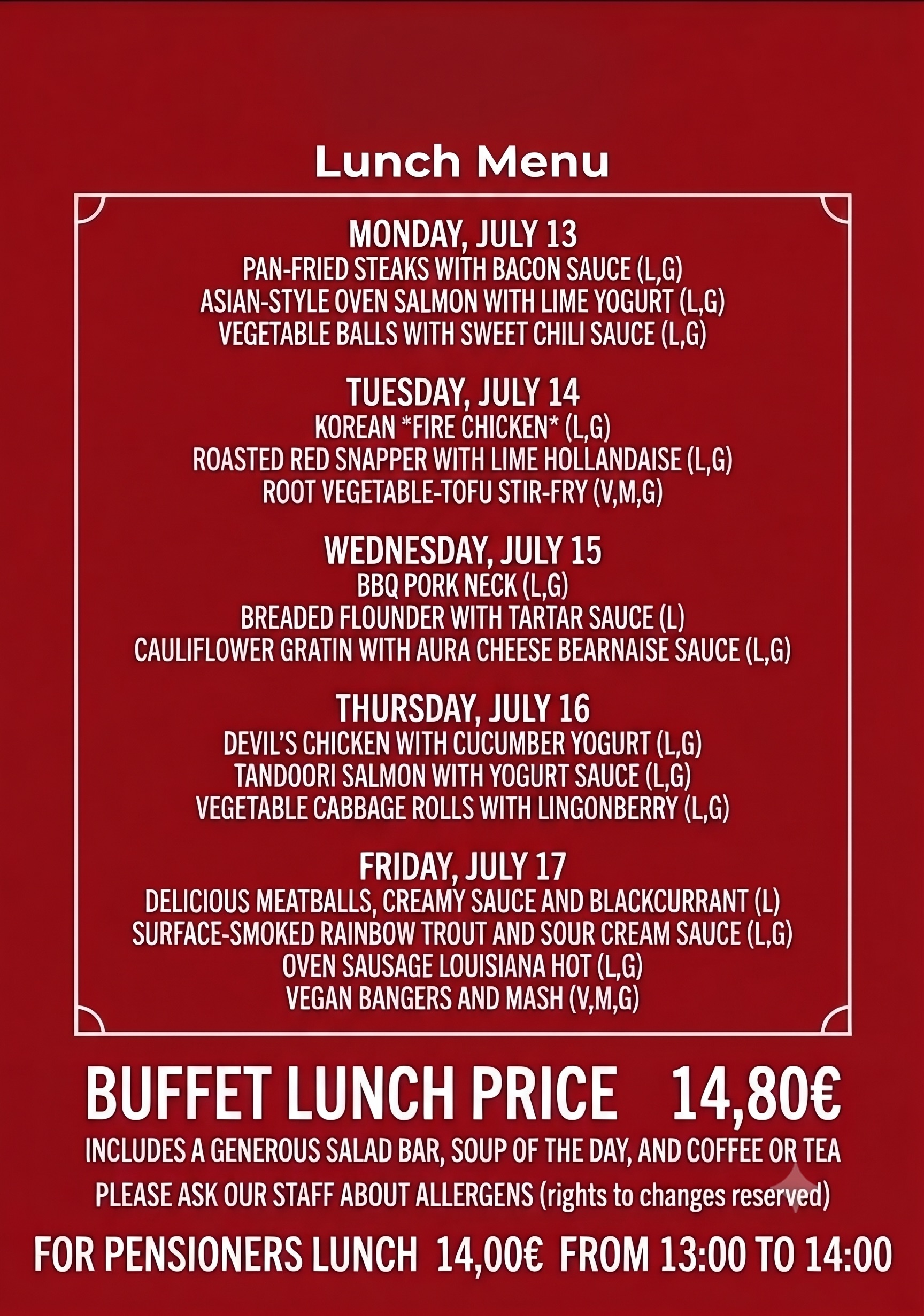 United Returns Lunch menu