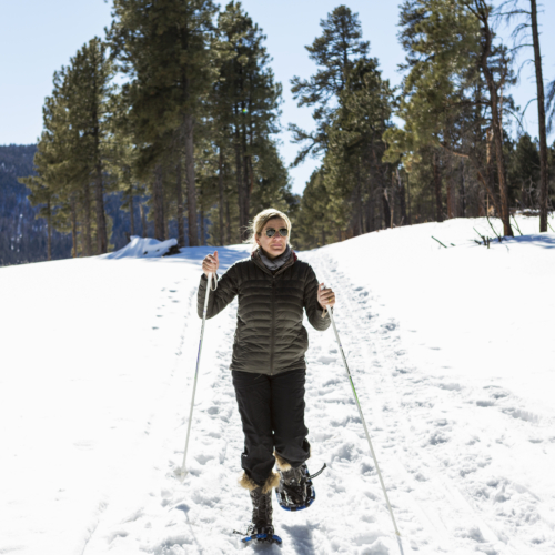 Valle Caldrea,United States,Adult woman wearing snow shoes with poles on a trail.